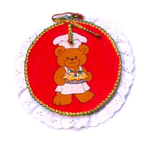 Artist Made Ornaments Christmas Bears Round 5 Inches Fabric Lace Braid Set of 5 - Picture 4 of 7